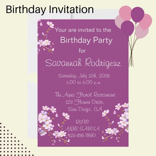 Deep pink  background with white flowers birthday  invitation