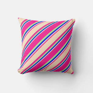 Deep Pink, Bisque, Blue & Green Colored Stripes Throw Pillow