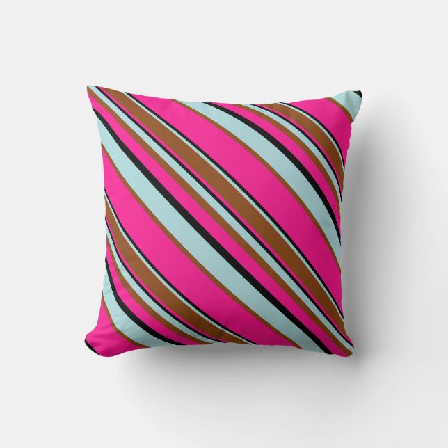 Deep Pink, Black, Powder Blue, and Brown Lines Throw Pillow (Front)