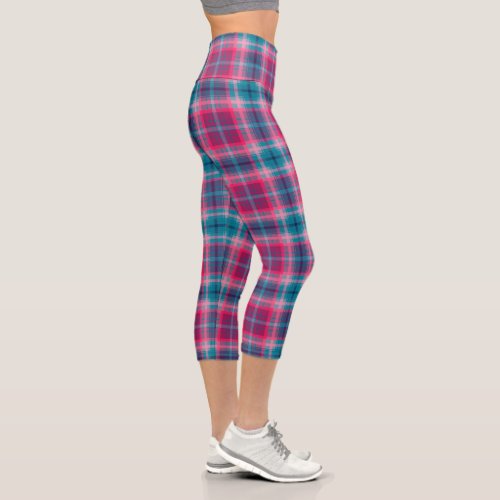 Deep Pink Blue Tartan Plaid Gingham Pattern  Capri Leggings