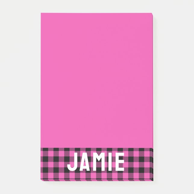 Deep Pink Buffalo Check White Name Post-it Notes (Front)