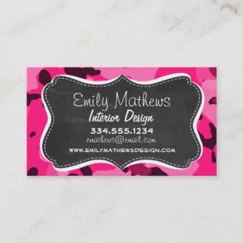 Deep Pink Camo; Chalkboard Look Business Card by Baby_Shower_Boutique at Zazzle