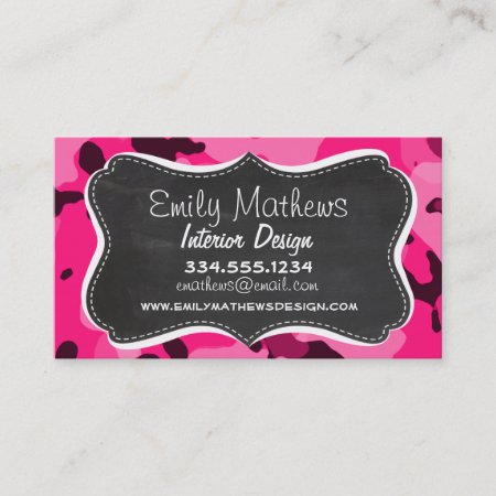 Deep Pink Camo; Chalkboard Look Business Card