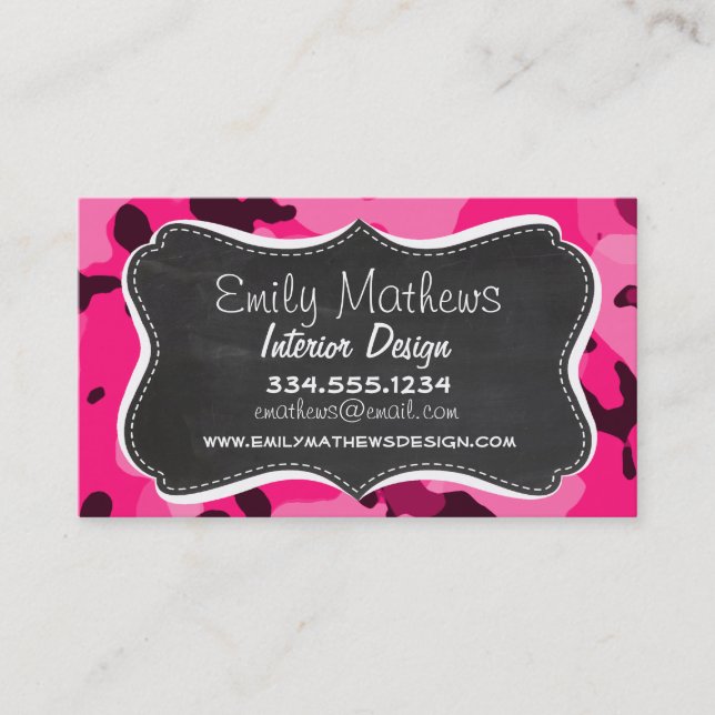 Deep Pink Camo; Chalkboard look Business Card (Front)