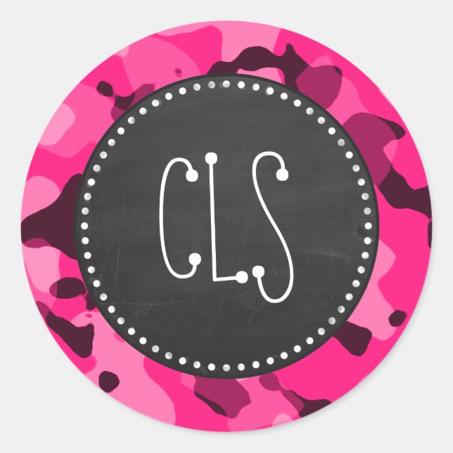 Deep Pink Camo; Chalkboard look Classic Round Sticker (Front)