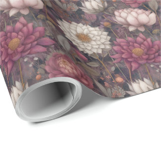 Deep Pink & Cream Dahlia Botanical Vintage Floral Wrapping Paper