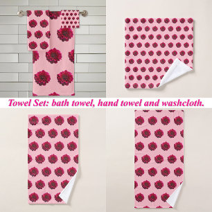 Deep Pink Dahlia Flower Seamless Pattern on Bath Towel Set