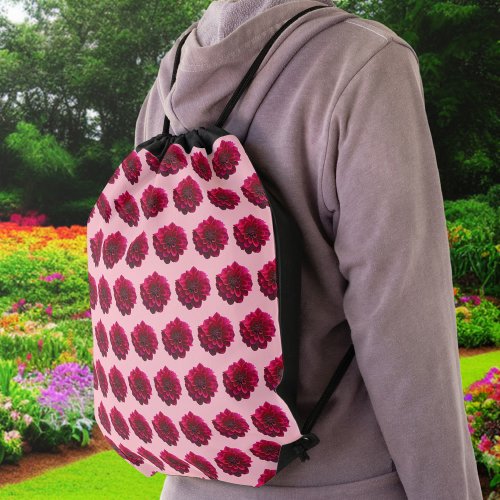 Deep Pink Dahlia Flower Seamless Pattern on Drawstring Bag