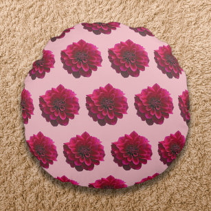 Deep Pink Dahlia Flower Seamless Pattern on Round Pillow