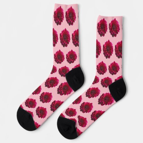 Deep Pink Dahlia Flower Seamless Pattern on Socks