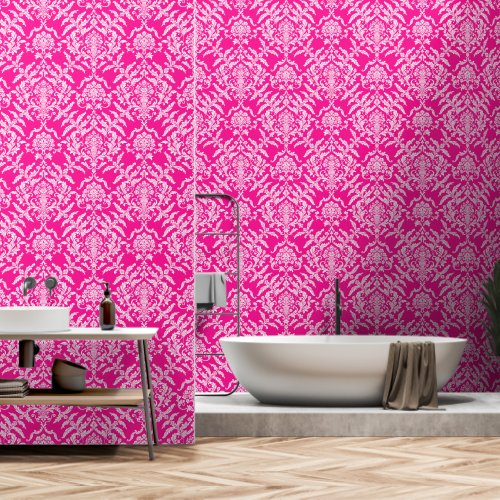 Deep Pink Damask Color Peel Stick Removable Vinyl Wallpaper