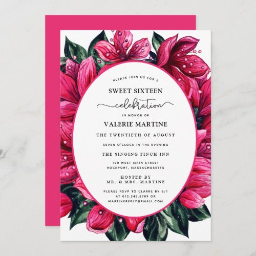 Deep Pink Floral Botanical Sweet Sixteen Party Inv Invitation