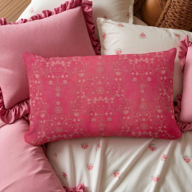 Deep Pink Floral Damask Pattern Lumbar Pillow (Creator Uploaded)