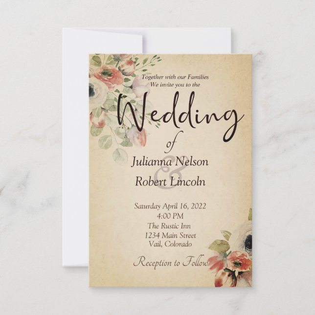 Deep pink floral on parchment wedding invitation (Front)