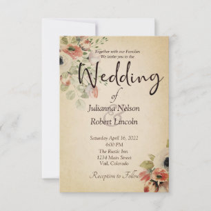 Deep pink floral on parchment wedding invitation