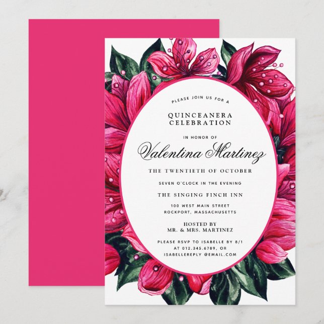 Deep Pink Floral Quinceanera Invitation (Front/Back)