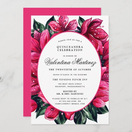 Deep Pink Floral Quinceanera Invitation