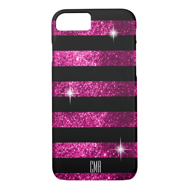 Deep Pink Glitter & Black Stripes | Monogram Case-Mate iPhone Case (Back)
