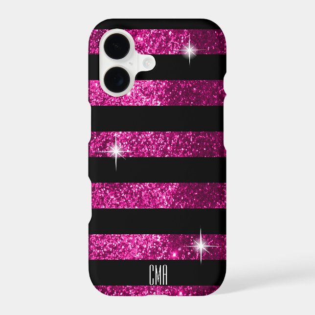 Deep Pink Glitter & Black Stripes | Monogram Iphone Case (Back)