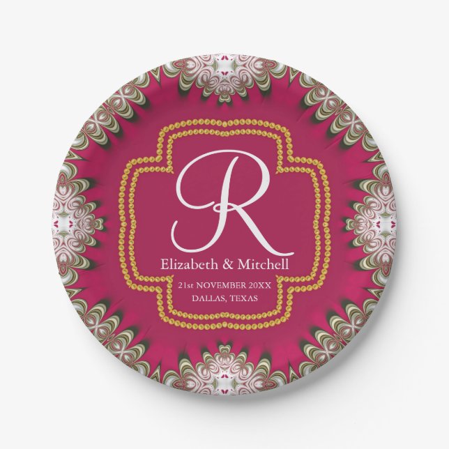 Deep Pink Gold Lacy Monogram Vibrant Energy Paper Plates (Front)