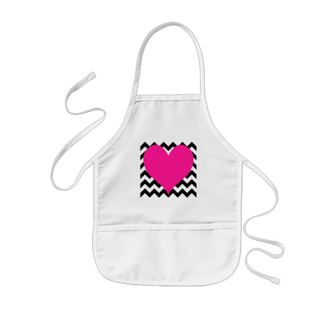 Deep Pink Heart on Black and White Zigzag Kids' Apron (Front)