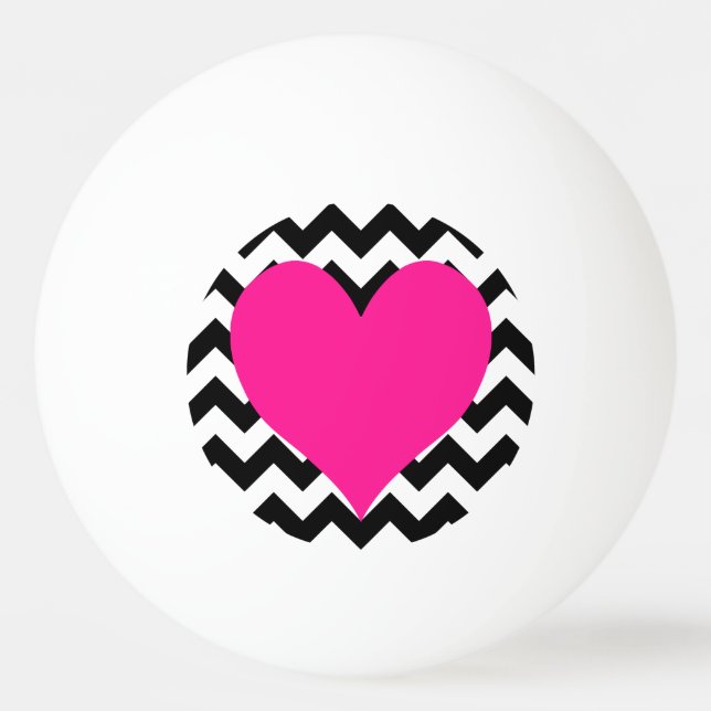 Deep Pink Heart on Black and White Zigzag Ping Pong Ball (Back)