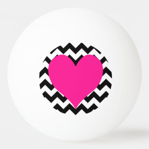 Deep Pink Heart on Black and White Zigzag Ping Pong Ball