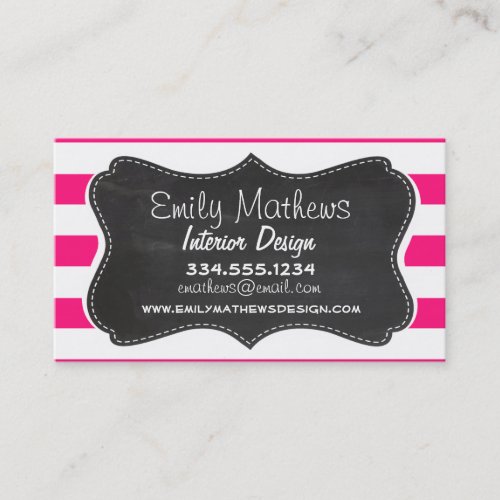 Deep Pink Horizontal Stripes; Chalkboard look Business Card Template