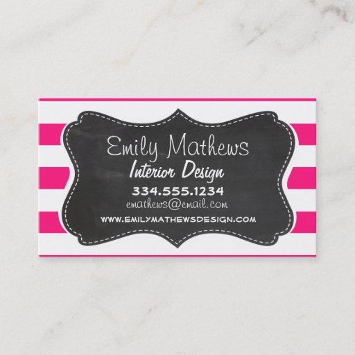 Customizable Deep Pink Horizontal Stripes; Chalkboard look Business Card Template
