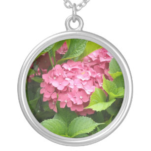 Deep Pink Hydrangeas Silver Plated Necklace