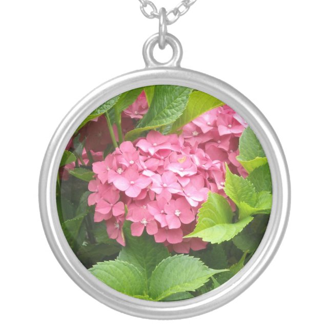 Deep Pink Hydrangeas Silver Plated Necklace (Front)