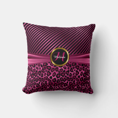 Deep Pink Leopard Animal Print  Stripes Throw Pillow