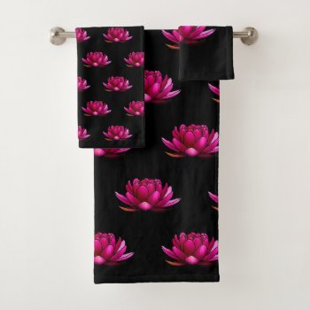 Deep Pink Lotus Flowers On Black Bath Towel Set by sfcount at Zazzle