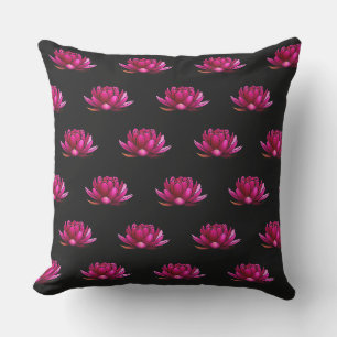 Deep Pink Lotus Flowers on Black Outdoor Pillow