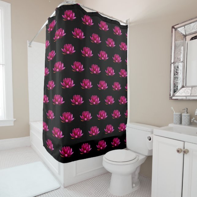 Deep Pink Lotus Flowers on Black Shower Curtain (In Situ)