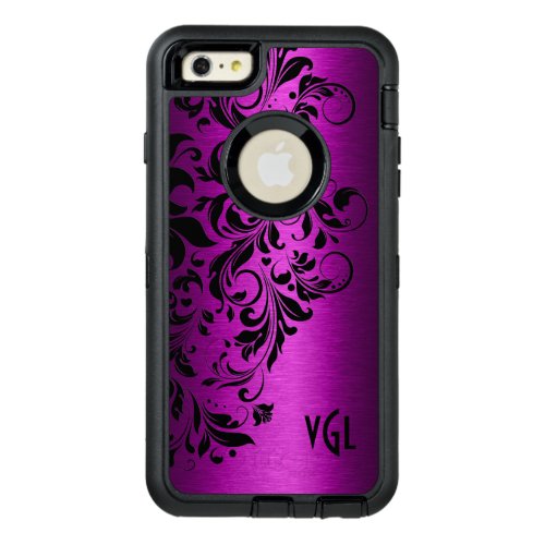 Deep Pink Metallic Texture  Black Floral Lace OtterBox Defender iPhone Case