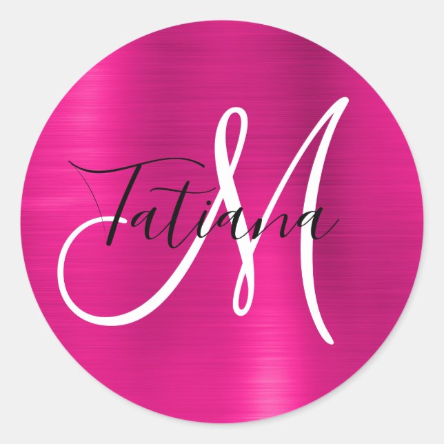 Deep Pink Ombre Foil Monogram Classic Round Sticker (Front)