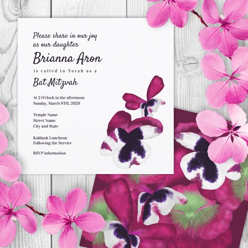 Deep Pink Pansies Bat Mitzvah Invitation