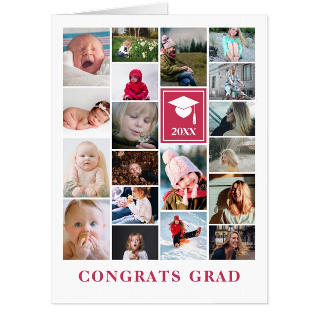 Deep Pink Photo Collage Congrats Grad Big Card (Front)