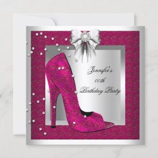 Deep Pink Silver High Heel Shoe Birthday Party Invitation