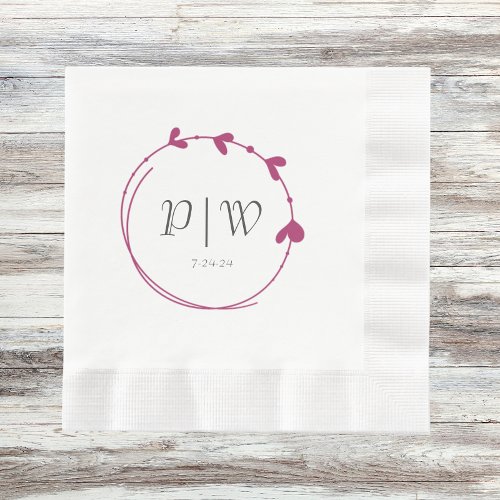 Deep Pink Simple Heart Wreath Initials Wedding Napkins