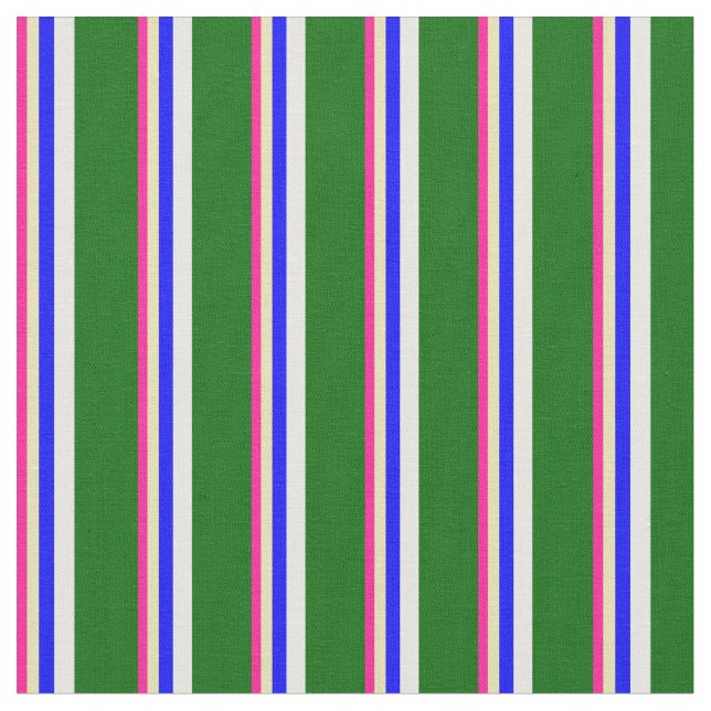 Deep Pink, Tan, Blue, White & Dark Green Lines Fabric (Close Up)