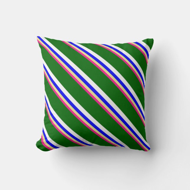 Deep Pink, Tan, Blue, White & Dark Green Lines Throw Pillow (Front)