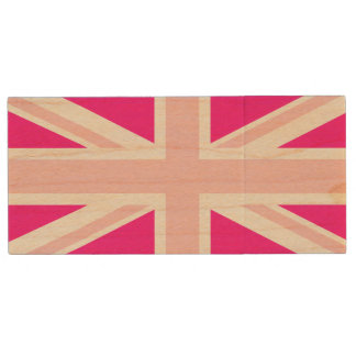 Deep Pink Union Jack Wood Flash Drive
