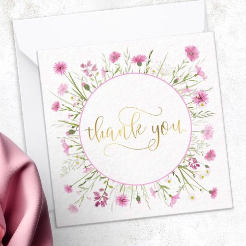Deep Pink Wildflower Gold Script Thank You  Note Card