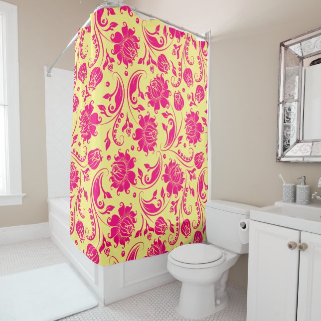 Deep-pink & yellow floral damasks pattern shower curtain (In Situ)