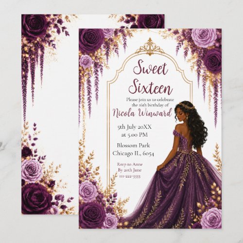 Deep Plum and Gold Floral Sweet Sixteen Invitation