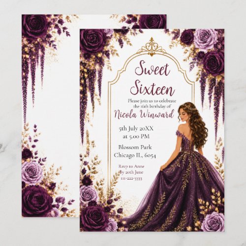 Deep Plum and Gold Floral Sweet Sixteen  Invitation