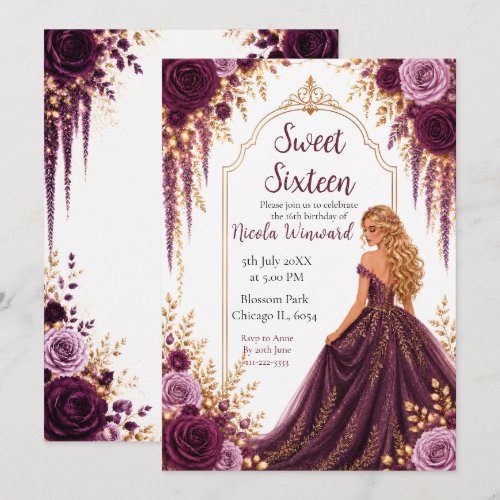 Deep Plum and Gold Floral Sweet Sixteen Invitation