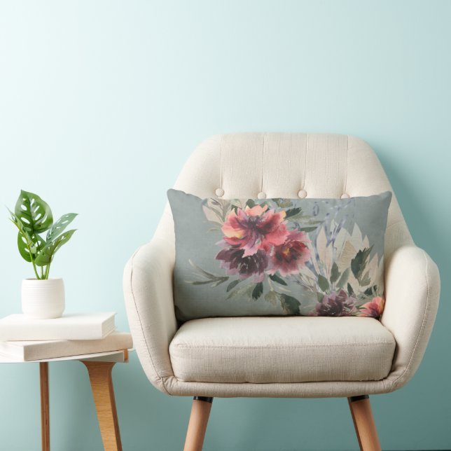 Deep Plum and Peach Peonies Distressed Gray   Lumbar Pillow (Chair)